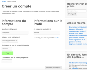 Page d'inscription sur le bipolaire